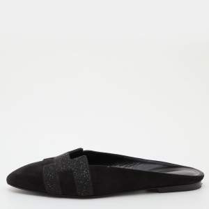 Hermes Black Suede and Beads Powder Roxane Flat Mules Size 38