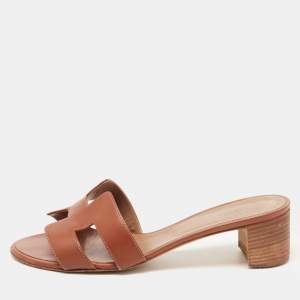 Hermes Brown Leather Oasis Slide Sandals Size 40
