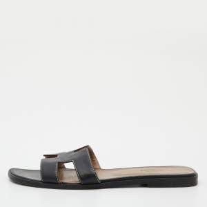 Hermes Black Leather Oran Sandals Size 38