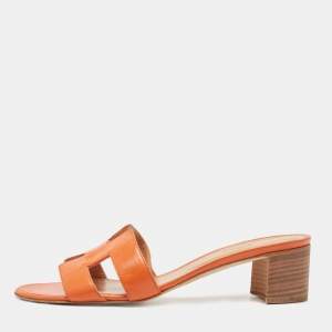 Hermes Orange Leather Oasis Slide Sandals Size 39