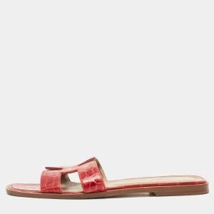 Pre Owned Hermes Dark Red Croc Embossed Leather Oran Flat Slides Size 39