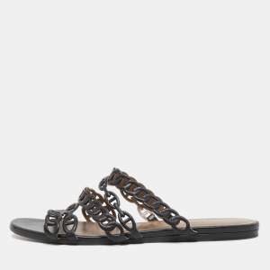 Hermes Black Leather D'ancre Chaine Flat Slides Size 39