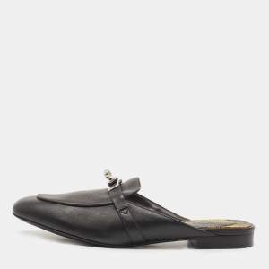 Hermes Black Leather Oz Flat Mules Size 38.5