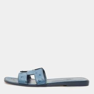 Hermes Blue Ostrich Leather Oran Flat Sandals Size 40