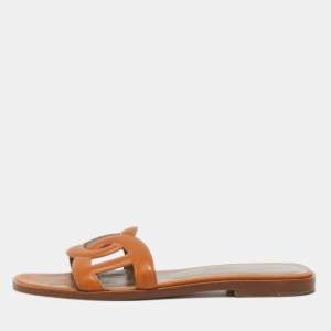 Hermes Tan Leather Omaha Flat Slides Size 36