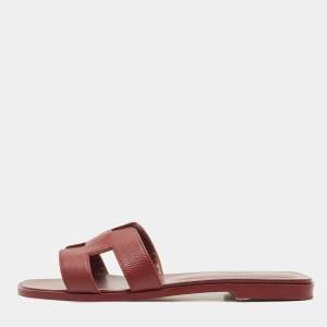 Hermes Burgundy Leather Oran Flat Slides Size 38