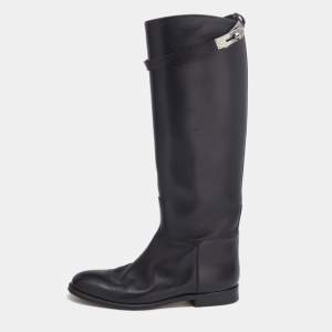 Hermes Black Leather  H Jumping Knee Length Boots Size 38