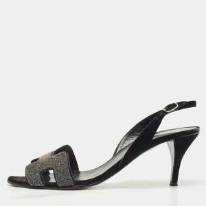Hermes Silver/Black Glitter and Suede Night Slingback Sandals Size 38.5