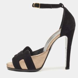 Hermes Black/Gold Metallic Suede Premiere 70 Sandals Size 37