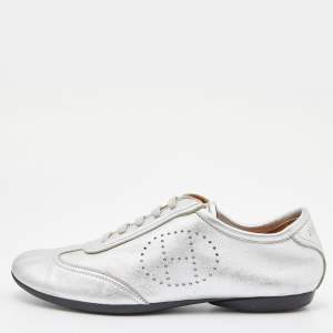 Hermes Silver Leather Pewter Perforated H Lace Up Sneakers Size 38