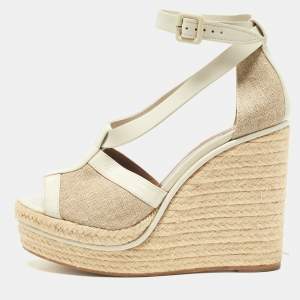 Hermes White/Beige Leather and Canvas Ibiza Espadrille Wedge Sandals Size 39