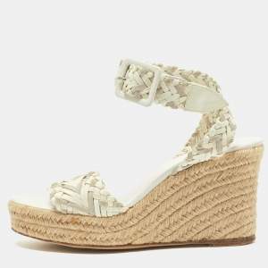Hermes White/Grey Woven Patent Leather and Suede Sofia Espadrille Wedge Sandals Size 39