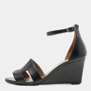 Hermes Black Patent Leather Legend Wedge Ankle Strap Sandals Size 37.5