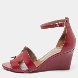 Hermes Dark Red Patent Leather Legend Wedge Ankle Strap Sandals Size 37.5
