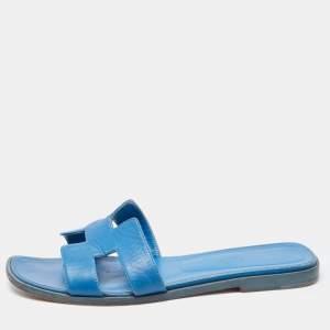 Hermes Blue Leather Oran Flat Slides Size 38