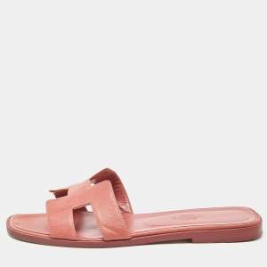 Hermes Peach Leather Oran Flat Slides Size 38 