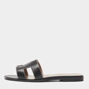 Hermes Black Leather Oran Flat Slides Size  37