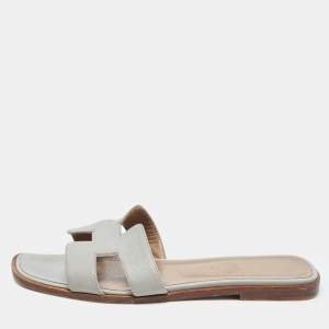 Hermes Grey Leather Oran Flat Slides Size 37.5