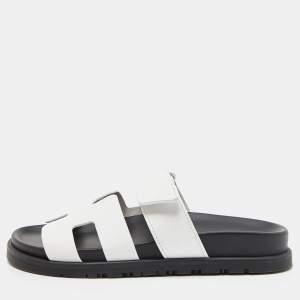 Hermes White Leather Chypre Flat Sandals Size 34