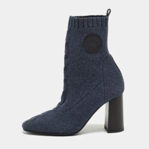 Hermes Blue Knit Fabric Volver Ankle Boots Size 36.5