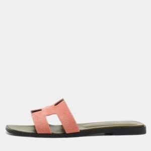 Hermes Pink Suede Oran Flat Slides Size 36.5 