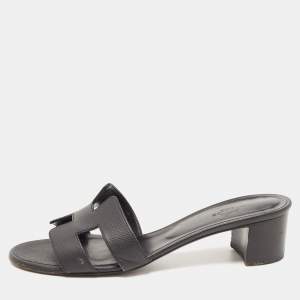 Hermes Black Leather Oasis Block Heel Slide Sandals Size 38.5