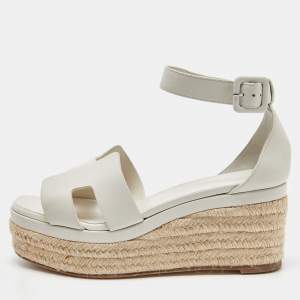 مملوكة مسبقًا Hermes Off White Leather Elda Wedge Platform Ankle Strap Espadrilles Size 39