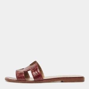 Hermes Burgundy Crocodile Leather Oran Flat Slides Size 38