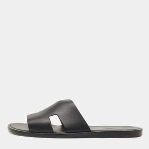 Hermes Black Leather Izmir Slide Flats Size 44