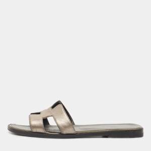 Hermes Metallic Leather Oran Flat Slides Size 38.5 