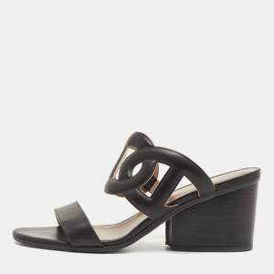 Hermes Black Leather Bikini Block Heel Slide Sandals Size 38