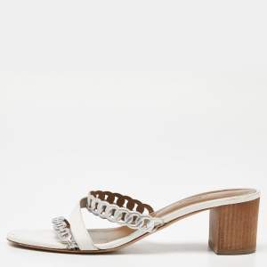 Hermes White/Silver Leather Ajaccio Block Heel Slide Sandals Size 40