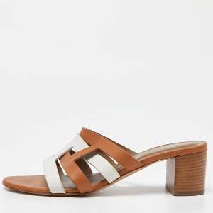 Hermes Brown/White Leather Amica Slide Sandals Size 40