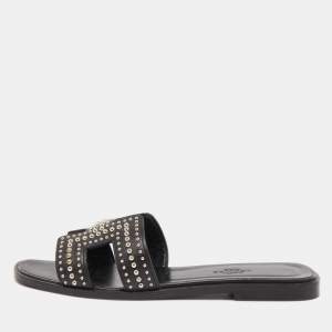 Hermes Black Studded Leather Oran Flat Slides Size 36