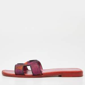 Hermes Pink Printed Canvas Oran Slide Sandals Size 35