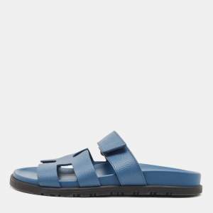 Hermes Blue Leather Chypre Slides Size 37