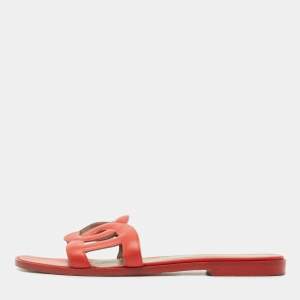 مملوكة مسبقًا Hermes Orange Leather Omaha Slide Flats Size 37.5