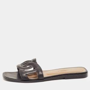 Hermes Black Leather Aloha Flat Slides Size 36