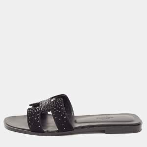 Hermes Black Leather and Suede Oran Crystals Slide Flats Size 38