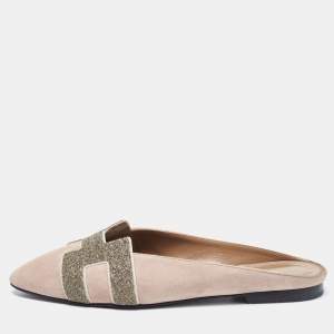 Hermes Beige Suede Roxane Flat Mules Size 36