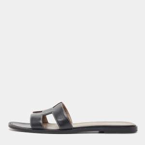 Hermes Black Leather Oran Flat Slides Size 38.5