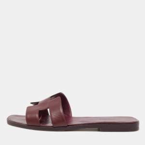 Hermes Burgundy Leather Oran Flat Slides Size 39