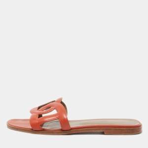 Hermes Orange Leather Omaha Flat Slides Size 39
