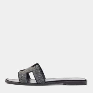 Hermes Grey Powder Crystal Oran Flat Slides Size 40.5 