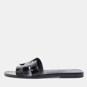 Hermes Black Patent Leather Oran Flat Slides Size 37