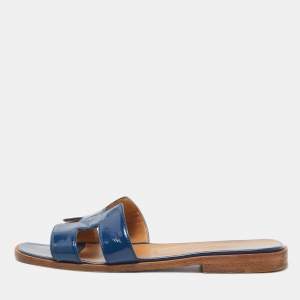 Hermes Blue Patent Leather Oran Flat Slides Size 37