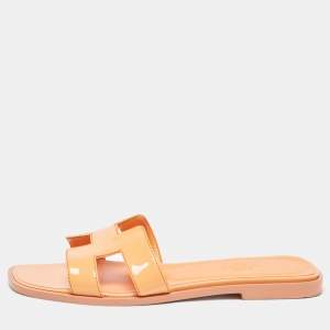 Hermes Orange Patent Leather Oran Flat Slides Size 36