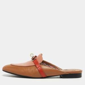 Hermes Brown/Pink Leather Oz Slip On Flat Mules Size 38