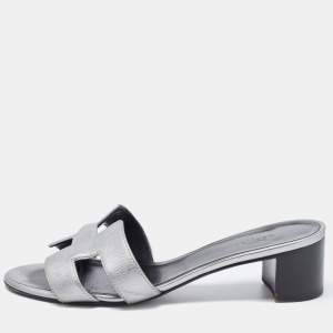 Hermes Sliver Leather Oasis Block Heel Slide Sandals Size 37
