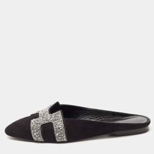 Hermes Black/Silver Suede and Beads Roxane Flat Mules Size 37
